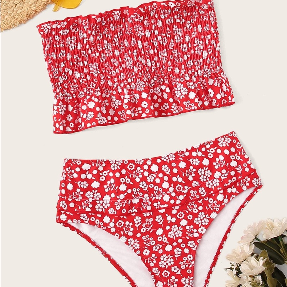 Floral Smocked Bandeau With HighWaisted Bikini Set